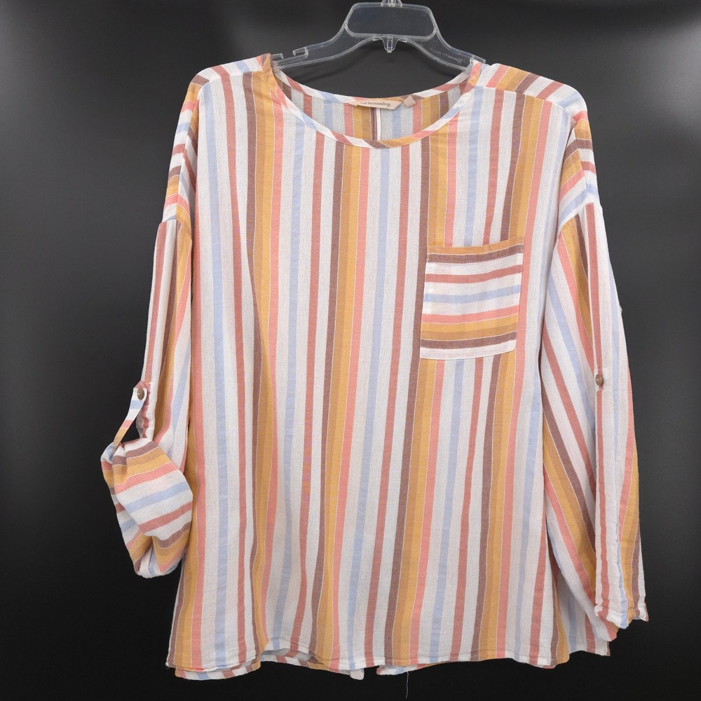Soft Surroundings Striped Blouse Womens 2X Multi-Color Roll Tab Sleeve beach